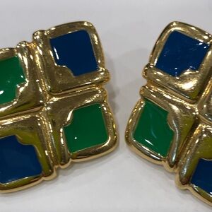 Monet Vintage 1980 earrings geometric design w gold-tone green blue enamel Decor